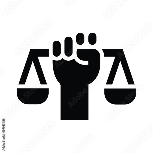 Raised fist with scales symbolizing social justice and human rights activism in flat vector style.