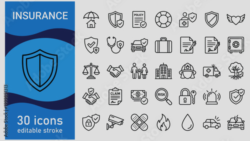 Comprehensive set of insurance related line icons representing protection security and safety across various aspects of life and property
