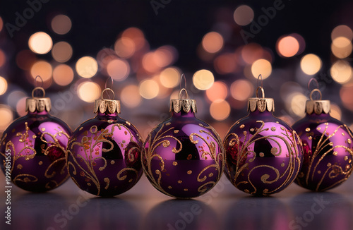 Elegant Purple Christmas Ornaments with Golden Glitter Accents on Bokeh Background