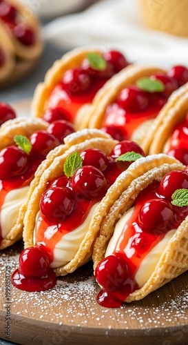Row of freshly made waffle cone dessert tacos filled with cream and topped with glossy fruit preserves and mint garnish