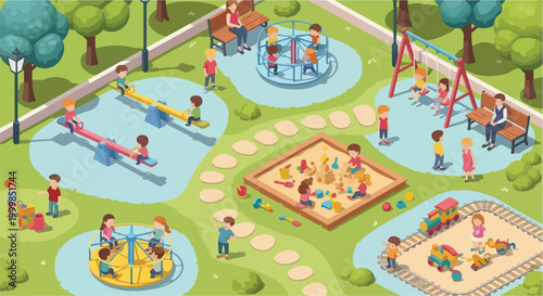 Isometric playground vector illustration, children playing in public park with swings and sandbox, colorful outdoor recreation area for kids