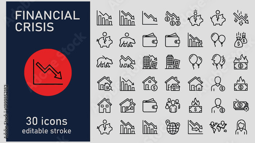 Financial crisis thirty editable icons set with various money and economy related symbols  financial problems concept