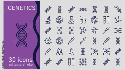 Genetics icons set including DNA and laboratory equipment for science and research purposes  biology symbols