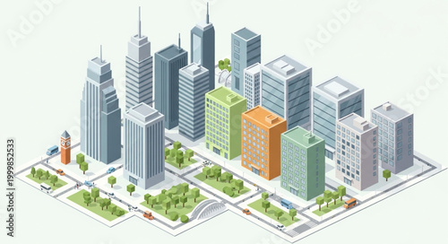 Konstfotografi Isometric Cityscape with Modern Buildings and Streets.