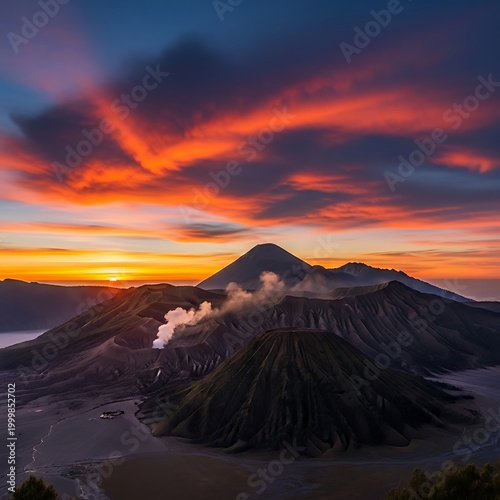 Fiery clouds illuminate a volcanic landscape during a dramatic sunrise
