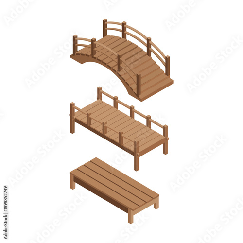 Isometric wooden garden bridge vector set featuring arched bridge, flat railing bridge, and platform bridge for landscape design