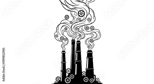 Foto Black and white illustration of industrial factory chimneys emitting smoke with gears