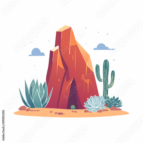 Desert Landscape with Cactus and Rock Formation