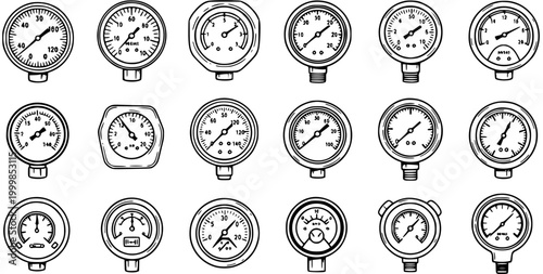 Industrial Pressure Gauges Line Art Icon Set. Hand-drawn collection of various technical meters and indicators for engineering, manufacturing, and measurement.