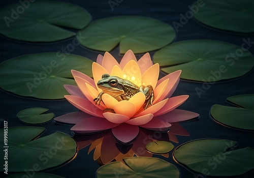 Small amphibian rests within a dramatically illuminated aquatic blossom surrounded by dark water