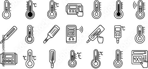 Medical Thermometer Line Art Icons Set. Digital and Classic Temperature Measurement Devices in Black and White Outline Style for Healthcare and Science
