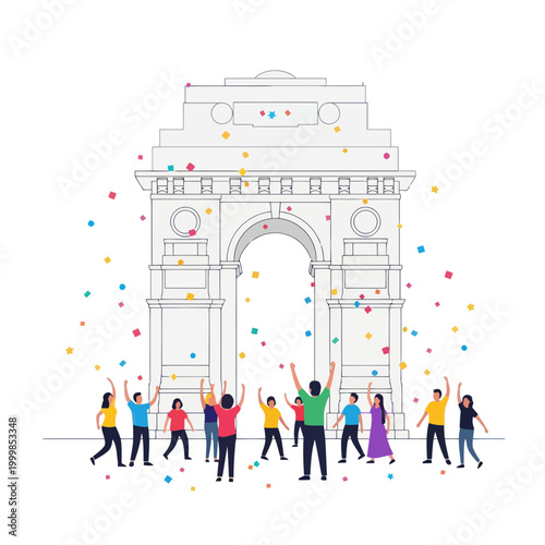 India Gate Celebration with Diverse People and Confetti