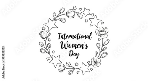 International Womens Day hand drawn floral wreath illustration.