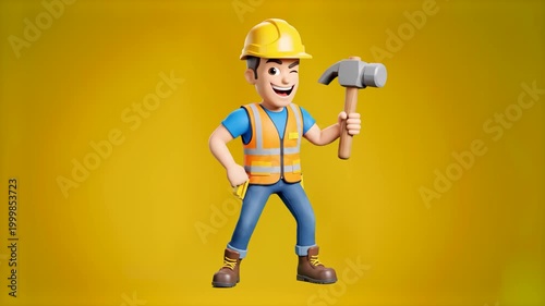 A cheerful 3D animated handyman or construction worker character wearing a yellow hard hat and safety vest, holding a hammer. Set against a vibrant yellow background, this mascot is ideal for home rep