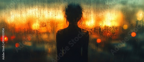 Silhouette of a woman seen through a rain-streaked window at night, with blurry city lights in the background