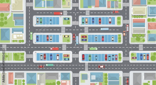 Aerial view of a busy city street with cars and buildings.