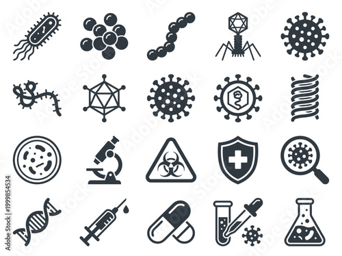 Microbiology and Virology Icon Set: Bacteria, Viruses, and Laboratory Equipment Vector Silhouettes