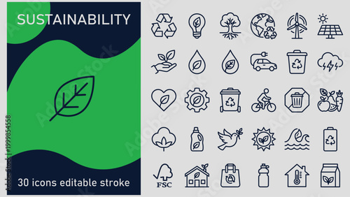 Sustainability icons set including recycling symbol light bulb leaf tree earth wind turbine solar panel and eco friendly objects  ecofriendly concepts
