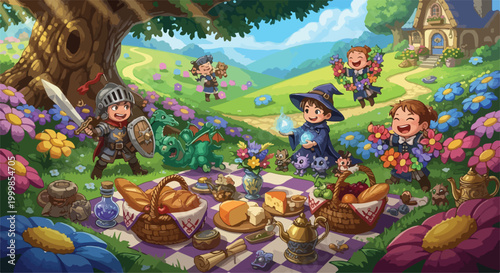 Fantasy RPG characters picnic in flower meadow, cute knight and wizard children vector illustration, whimsical storybook landscape with food and magic