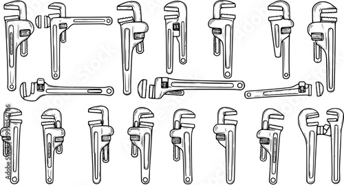 Plumbing and Construction Industry Hand Tools Vector Set. Black and White Line Art Sketch of Various Pipe Wrenches and Adjustable Wrenches for Repair and Maintenance.