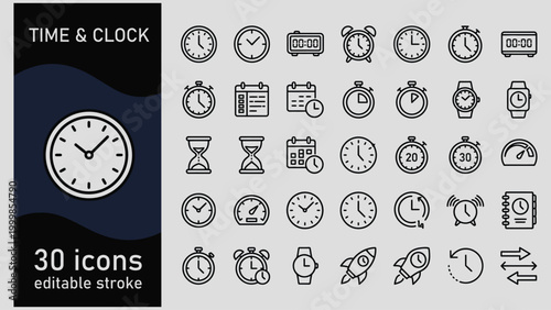 Time and clock icons set including clocks watches timers and calendars for time management and scheduling purposes online
