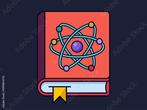 Science book icon with atom symbol on red cover, physics and chemistry textbook vector illustration for education and research concepts