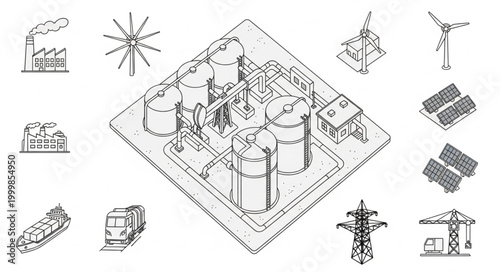 Industrial energy production and distribution complex illustration.