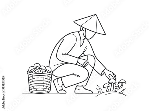 Traditional Asian Farmer Harvesting Mushrooms Line Art Illustration for Coloring and Branding