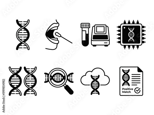 DNA Testing and Genetic Analysis Icon Set - Biotechnology, Ancestry, and Forensic Symbols