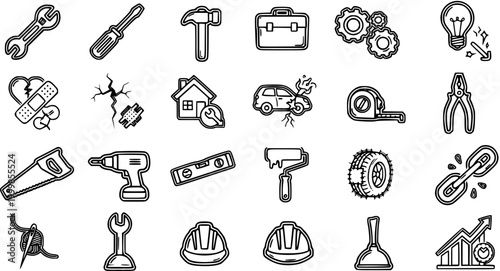 Black and White Line Art Icons: Construction, Tools, Repair, and Building Symbols