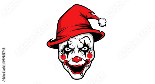 Scary Clown Face with Red Hat, Cracked Makeup, Horror Theme