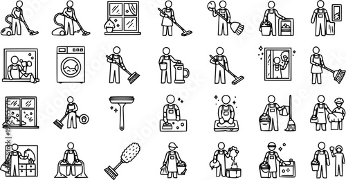 Black and White Line Art Icons of Cleaning Service Professionals and Equipment