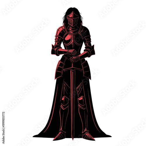 Warrior Woman Silhouette Medieval Knight Armor Sword Standing Pose