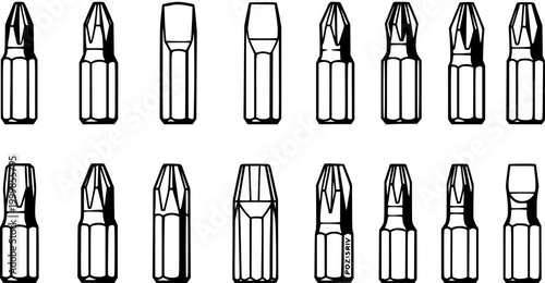 Black and White Line Art of Assorted Screwdriver Bits, Tools, Hardware, Construction