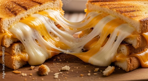 Golden grilled bread slices display an abundant, gooey, stretching cheese filling between them
