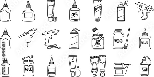 Black  White Line Art Icons of Adhesives and Bonding Materials. Hand-drawn doodle style glue bottles, tubes, guns, and epoxy for DIY, craft, and construction.
