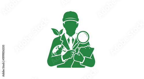 Scientist with Magnifying Glass and Plant.
