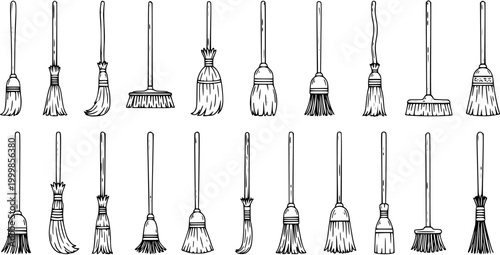 Cleaning and Housework Vector Collection: Hand Drawn Black and White Line Art Set of Various Brooms and Mops, Domestic Cleaning Tools and Supplies Illustration.