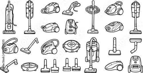 Black and White Line Art Icons of Various Vacuum Cleaners, Home Cleaning Appliances, Technology Vector Set