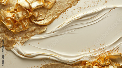 A gold and white background with a gold and white line made of glitter. The line is on a white background and it creates a sense of movement and texture. The glitter adds a touch of glamour