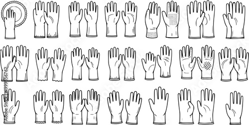 Black and White Line Art Illustration of Various Latex Gloves for Cleaning and Protection