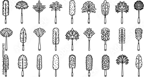 Black and White Line Art Collection of Feather and Brush Dusters, Cleaning Tools
