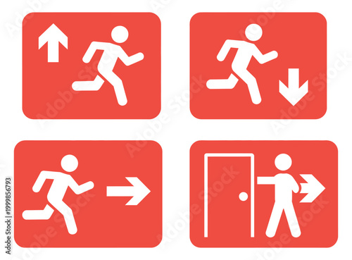 Emergency exit signs collection showing green rectangular safety boards with white pictograms, evacuation route symbols, and directional guidance icons, modern vector set representing emergency