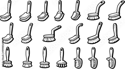 Black and White Line Art Icons of Various Brushes for Cleaning and Household Tasks