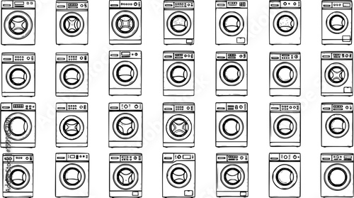 Black and White Line Art Washing Machines Collection for Household Appliances, Laundry, and Home Automation Icons