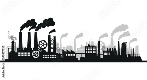 Black silhouette of an industrial factory landscape with smoking chimneys.