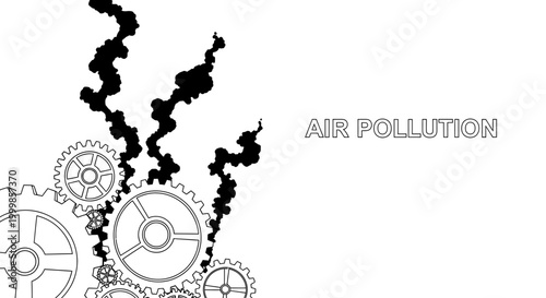 Air pollution concept illustration with gears and smoke plumes.
