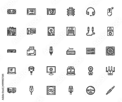 Computer Components icon set. Vector tech hardware collection. Includes speaker, SSD, video card, server, headset, mouse, motherboard, CPU, monitor, keyboard, RAM, laptop and more. Editable stroke.