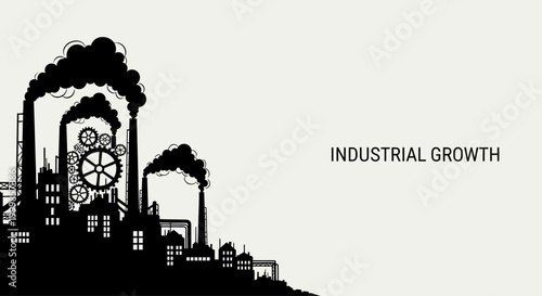 Black silhouette of industrial factory buildings with gear mechanisms and smoke.