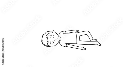 Exhausted man lying down on white background feeling tired and overwhelmed simple line art illustration conveying